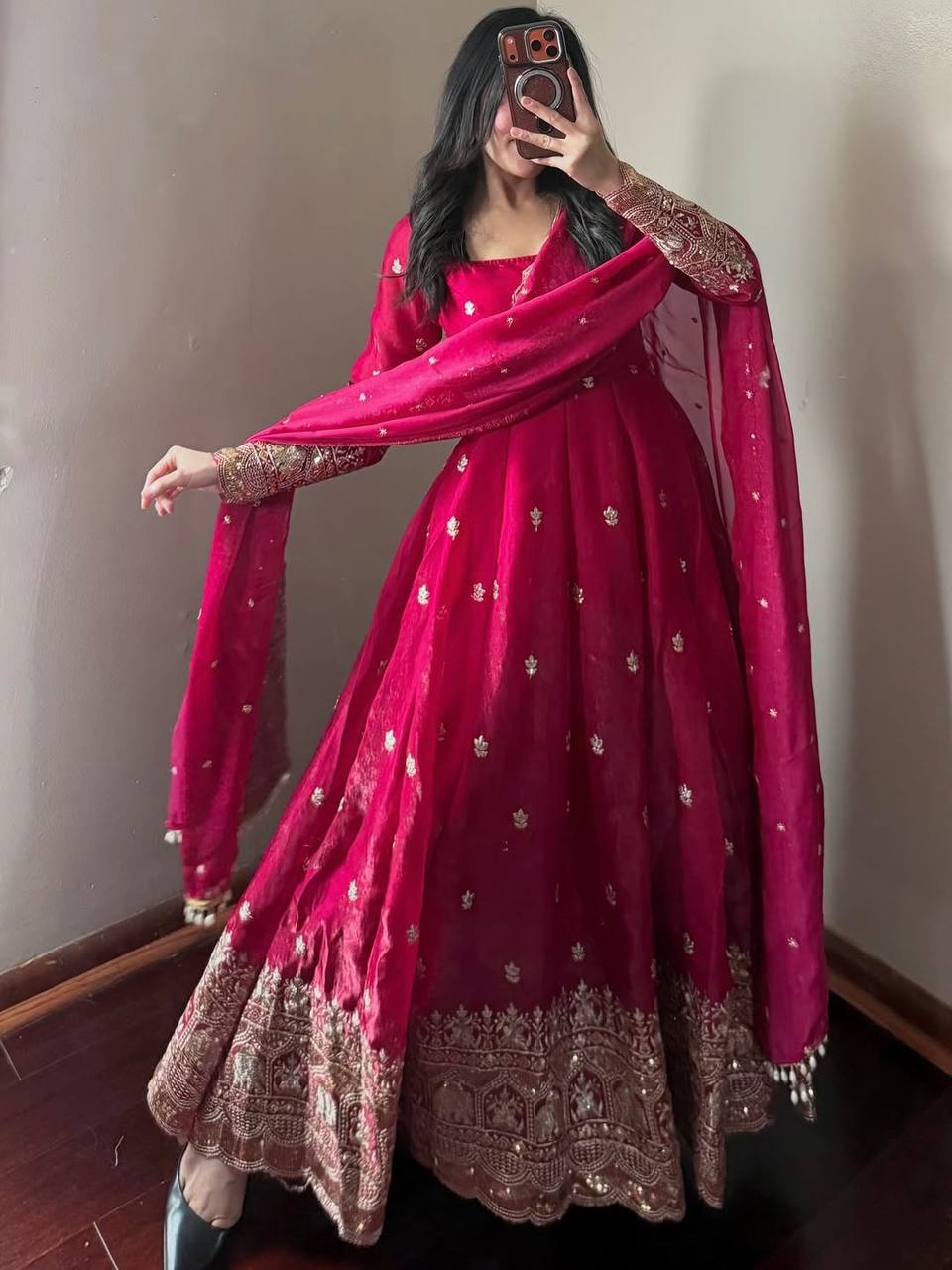 Ruby Red Fandy Silk Embroidered Anarkali Suit Set