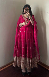 Ruby Red Fandy Silk Embroidered Anarkali Suit Set
