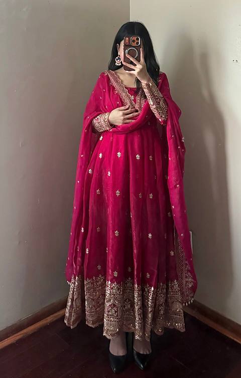 Ruby Red Fandy Silk Embroidered Anarkali Suit Set