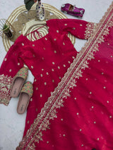 Ruby Red Fandy Silk Embroidered Anarkali Suit Set