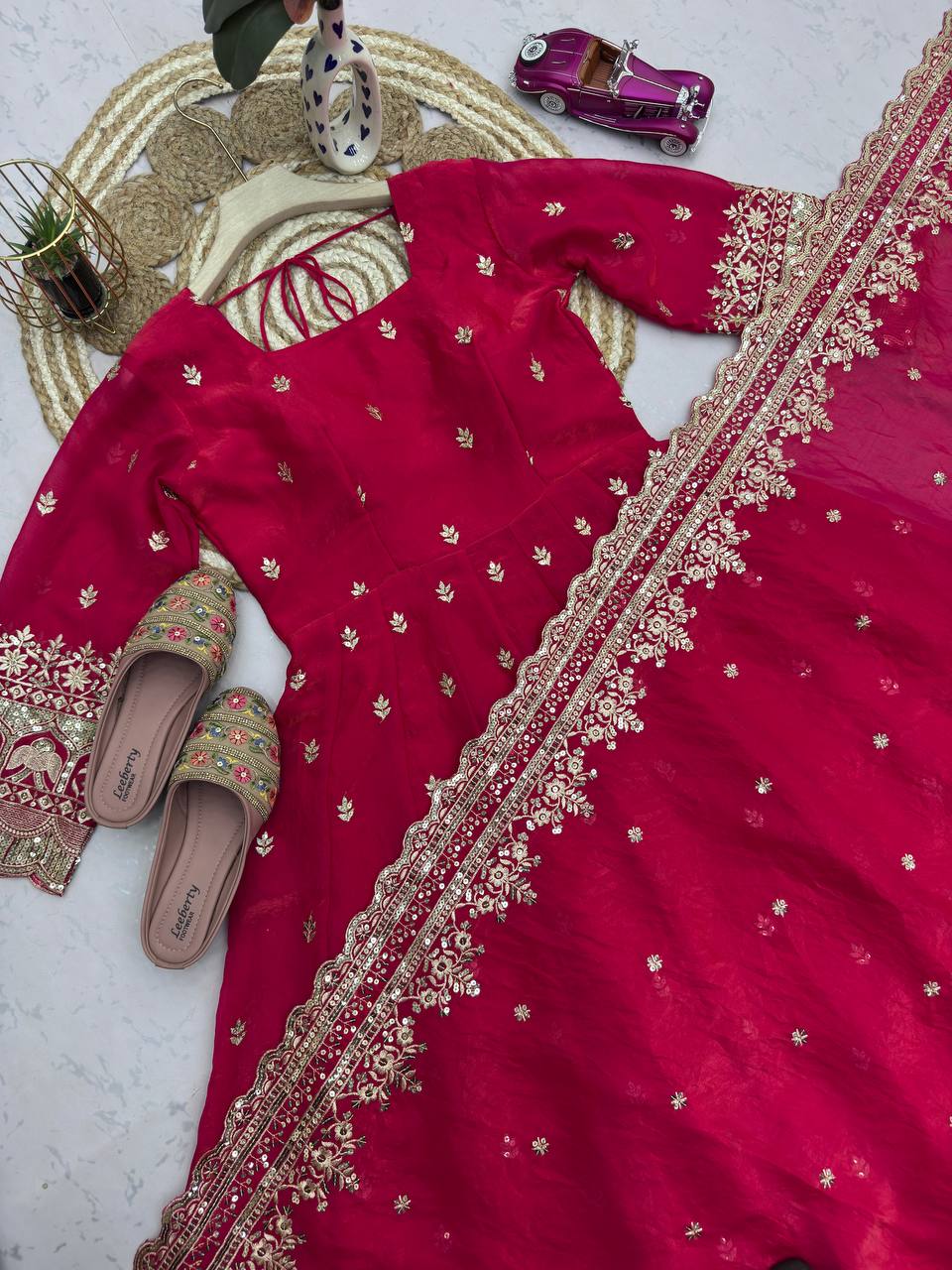 Ruby Red Fandy Silk Embroidered Anarkali Suit Set
