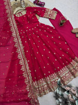 Ruby Red Fandy Silk Embroidered Anarkali Suit Set