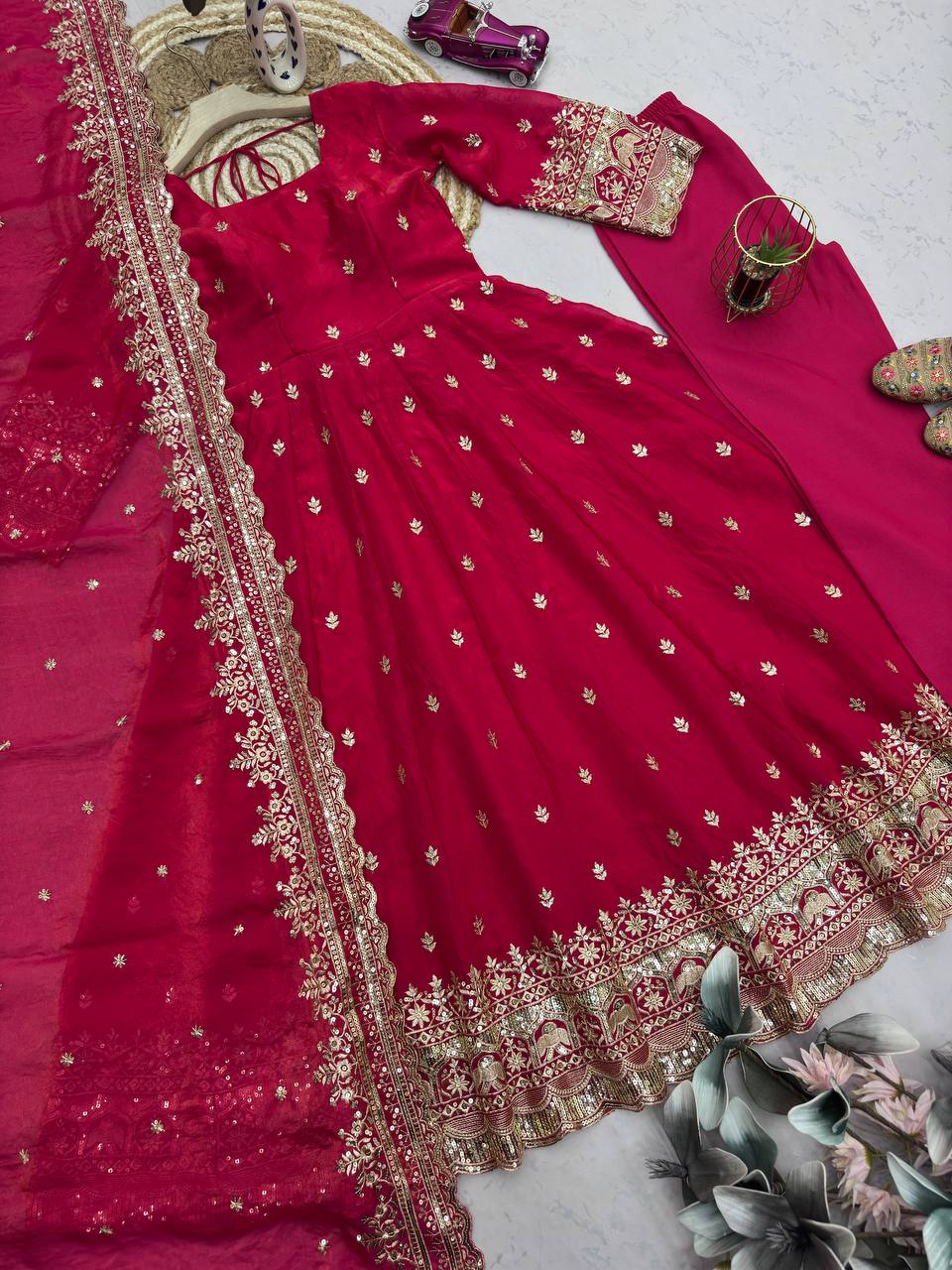 Ruby Red Fandy Silk Embroidered Anarkali Suit Set