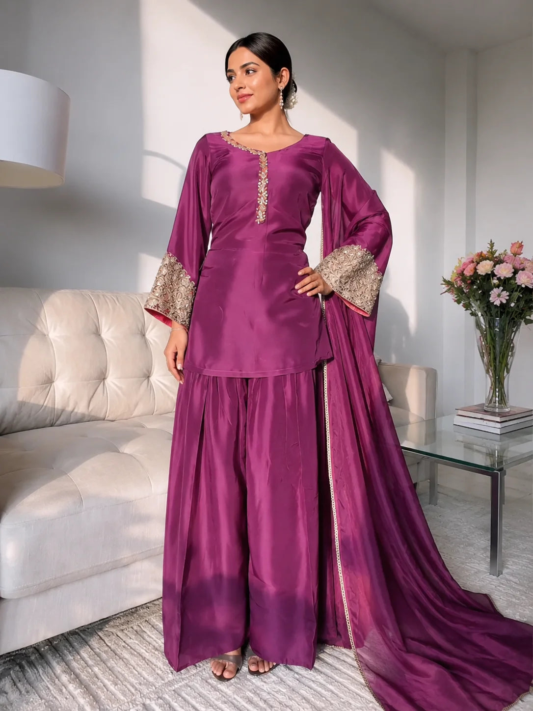 Wine Embroidered Kurta Pant Set