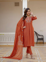 Rust Orange Viscose Mango Silk Embroidered Kurti Set