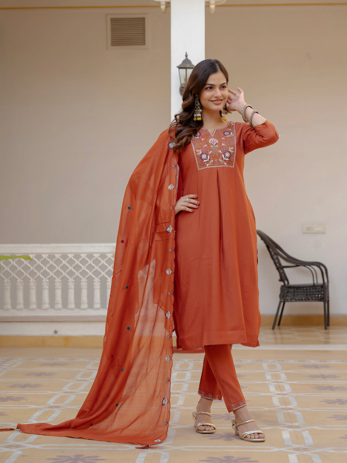 Rust Orange Viscose Mango Silk Embroidered Kurti Set