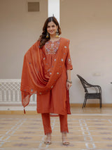 Rust Orange Viscose Mango Silk Embroidered Kurti Set