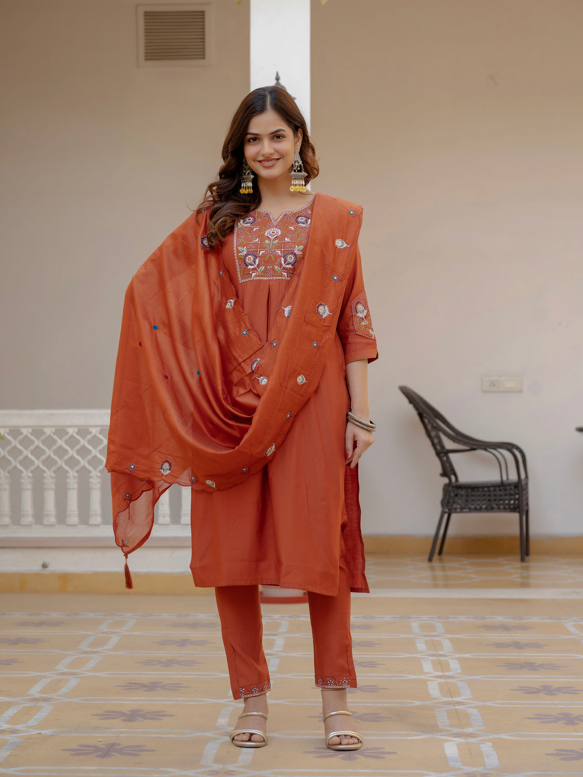 Rust Orange Viscose Mango Silk Embroidered Kurti Set