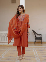 Rust Orange Viscose Mango Silk Embroidered Kurti Set