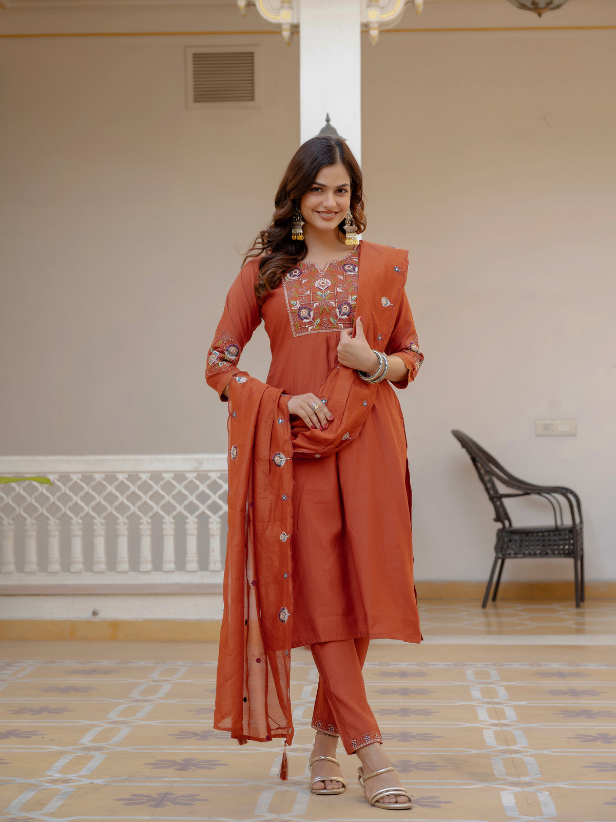 Rust Orange Viscose Mango Silk Embroidered Kurti Set