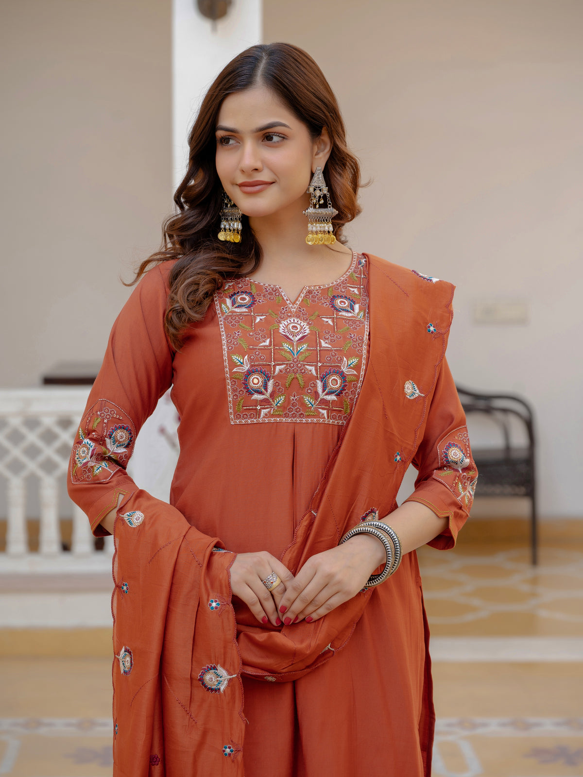Rust Orange Viscose Mango Silk Embroidered Kurti Set