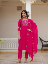 Pink Viscose Mango Silk Embroidered Kurti Set