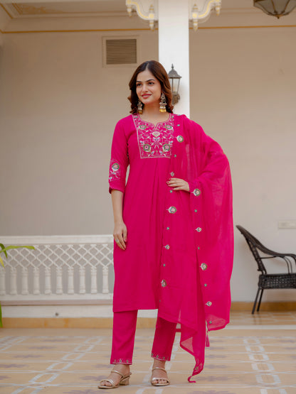 Pink Viscose Mango Silk Embroidered Kurti Set