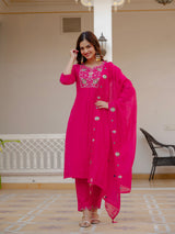 Pink Viscose Mango Silk Embroidered Kurti Set
