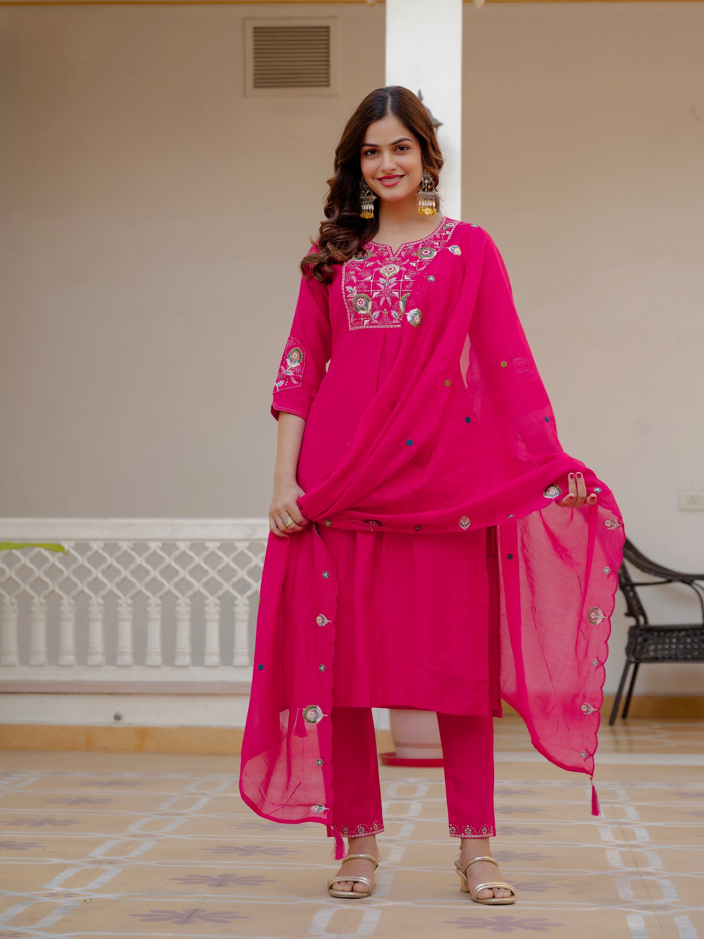 Pink Viscose Mango Silk Embroidered Kurti Set
