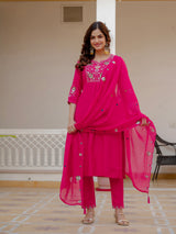 Pink Viscose Mango Silk Embroidered Kurti Set