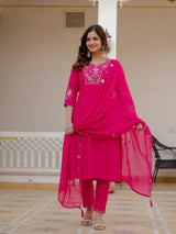 Pink Viscose Mango Silk Embroidered Kurti Set