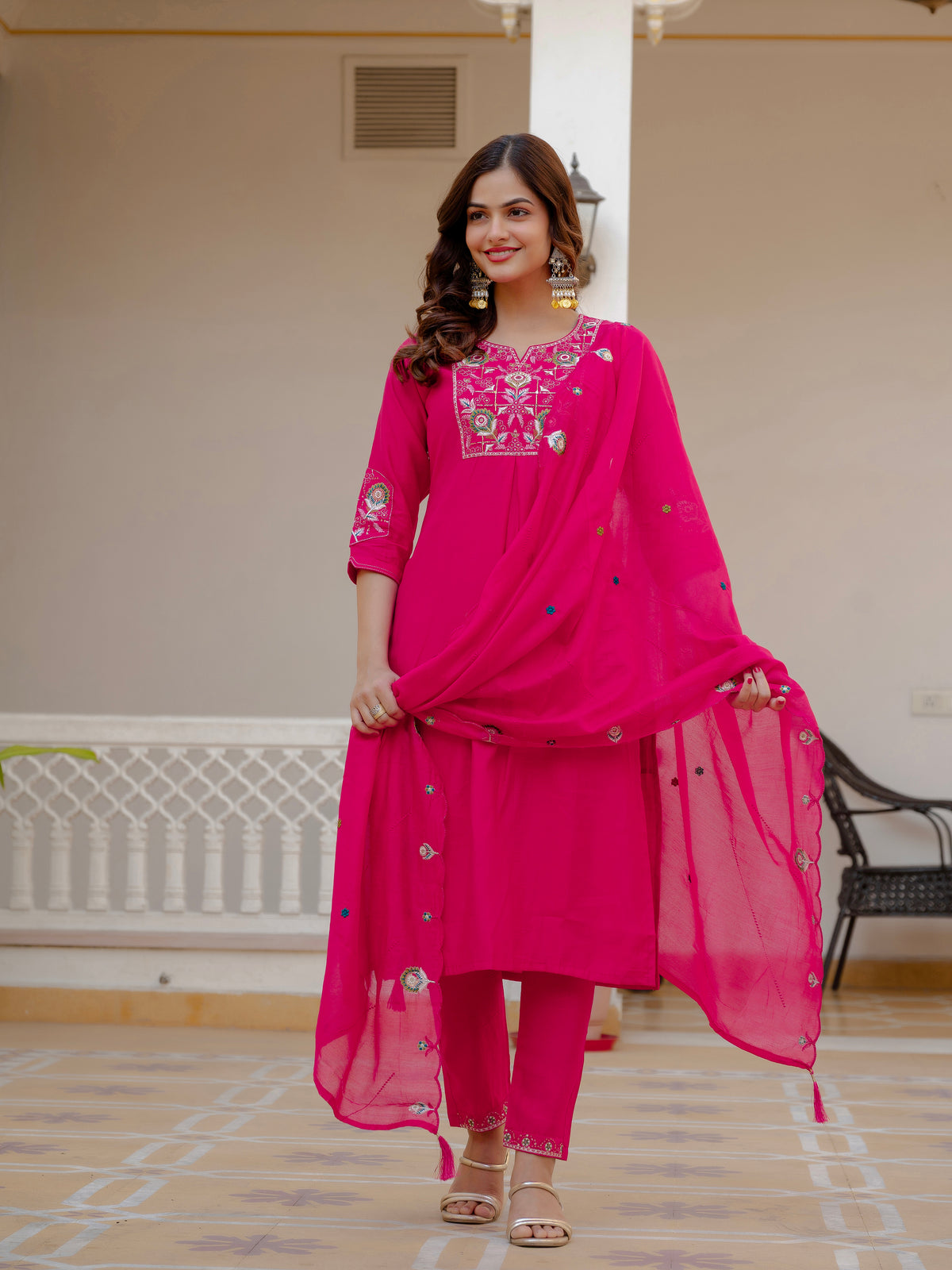 Pink Viscose Mango Silk Embroidered Kurti Set