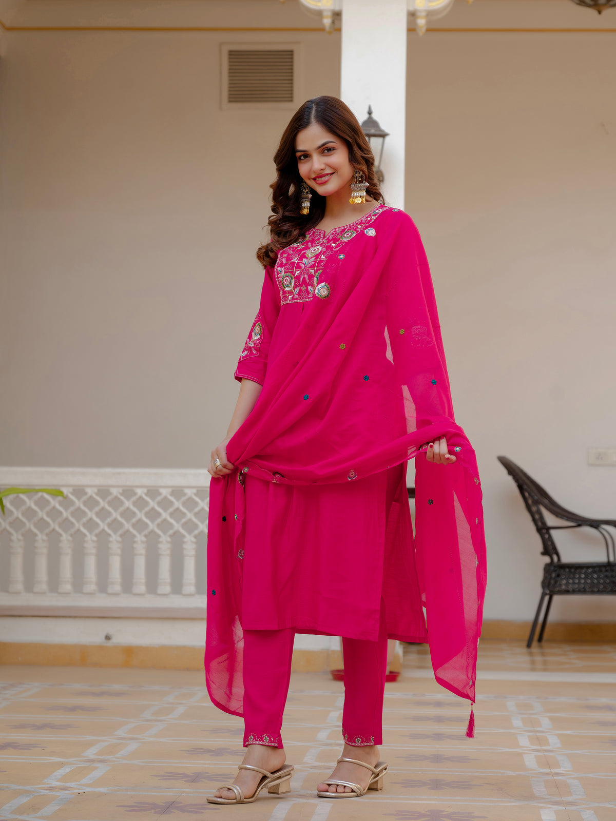 Pink Viscose Mango Silk Embroidered Kurti Set