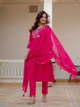 Pink Viscose Mango Silk Embroidered Kurti Set