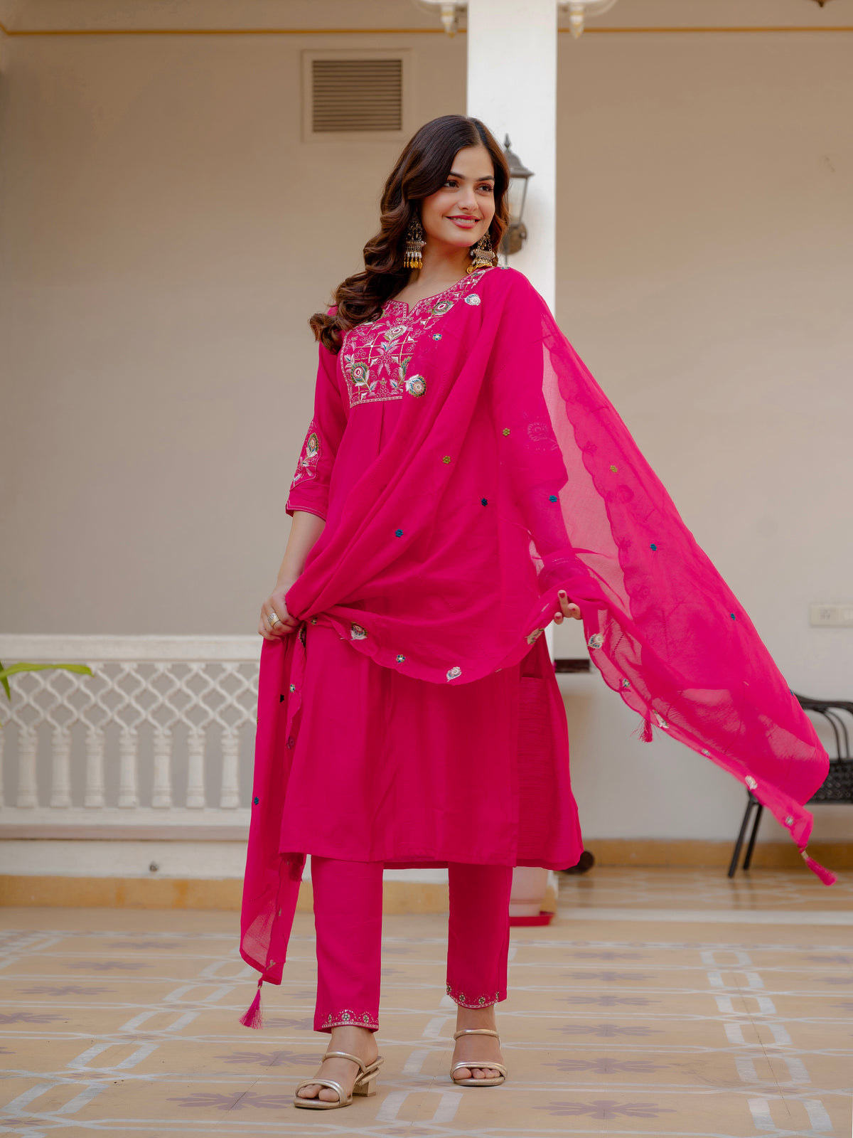 Pink Viscose Mango Silk Embroidered Kurti Set