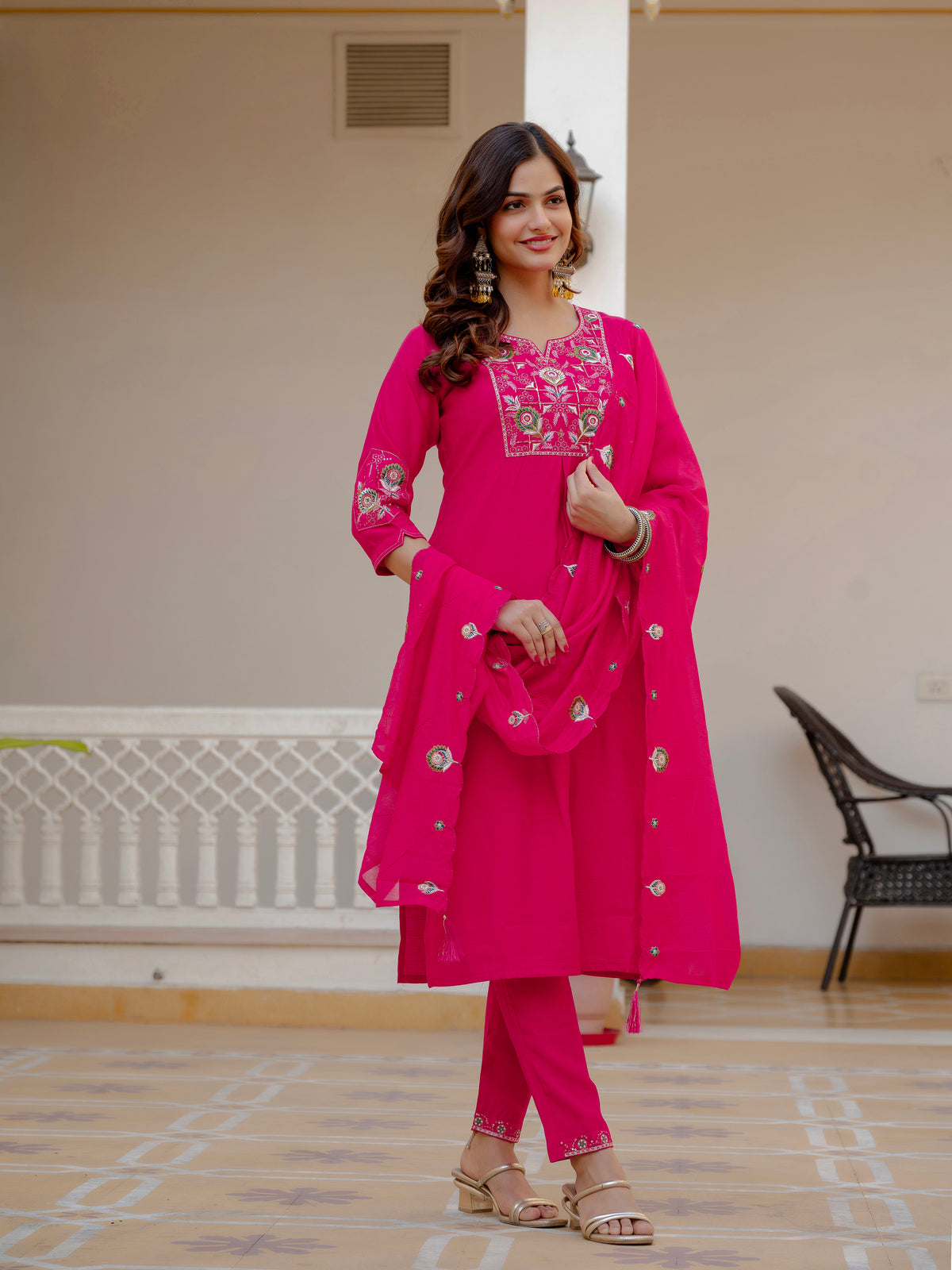 Pink Viscose Mango Silk Embroidered Kurti Set