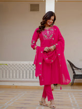 Pink Viscose Mango Silk Embroidered Kurti Set