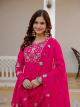 Pink Viscose Mango Silk Embroidered Kurti Set