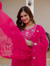 Pink Viscose Mango Silk Embroidered Kurti Set