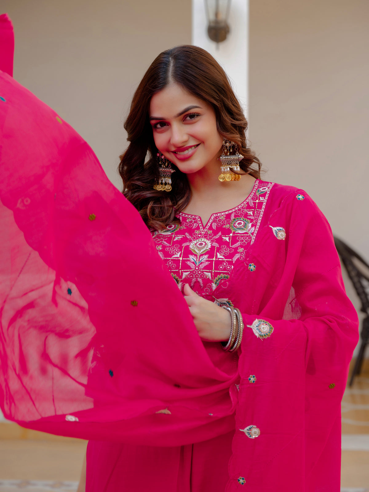 Pink Viscose Mango Silk Embroidered Kurti Set