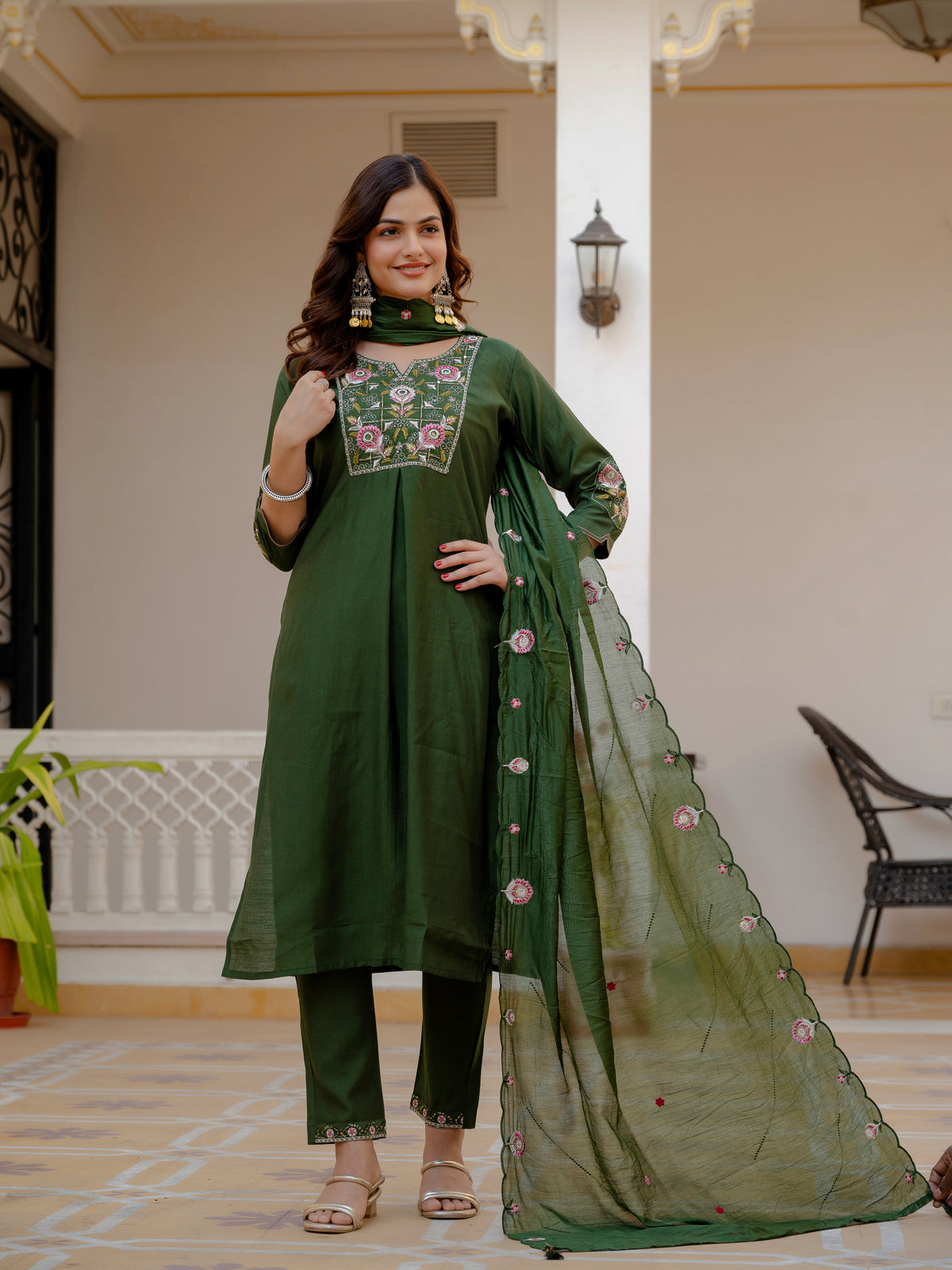Green Viscose Mango Silk Embroidered Kurti Set
