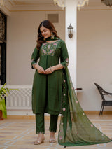Green Viscose Mango Silk Embroidered Kurti Set