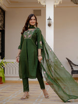 Green Viscose Mango Silk Embroidered Kurti Set
