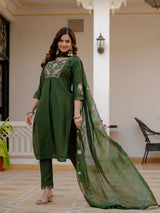 Green Viscose Mango Silk Embroidered Kurti Set