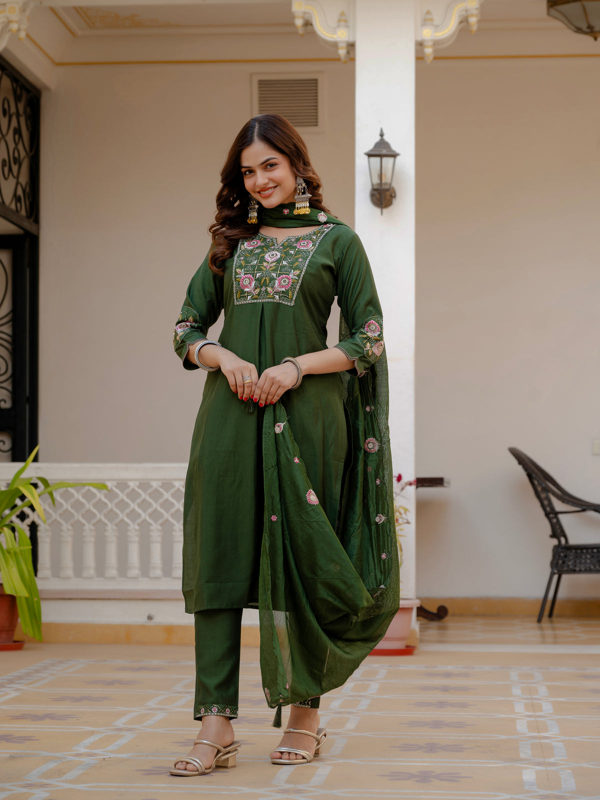 Green Viscose Mango Silk Embroidered Kurti Set