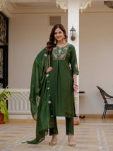 Green Viscose Mango Silk Embroidered Kurti Set