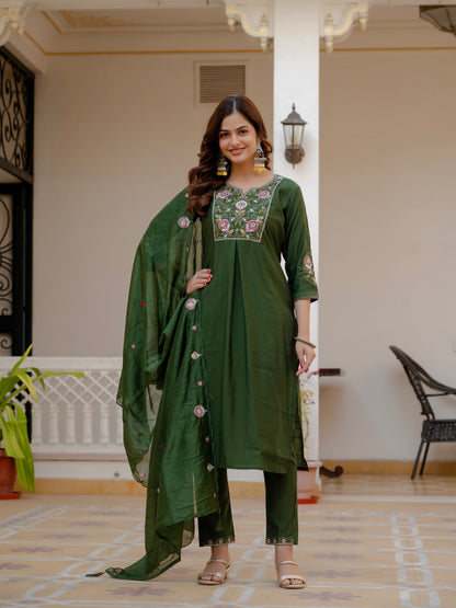 Green Viscose Mango Silk Embroidered Kurti Set