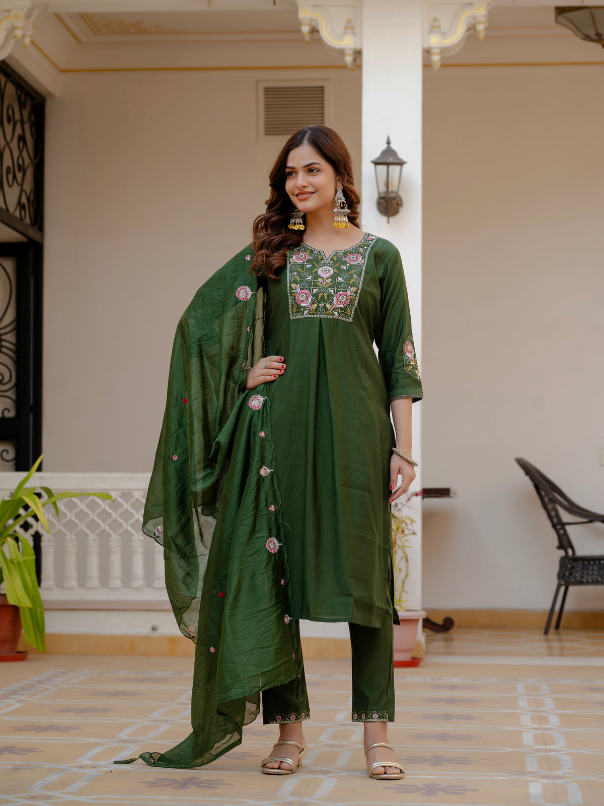 Green Viscose Mango Silk Embroidered Kurti Set