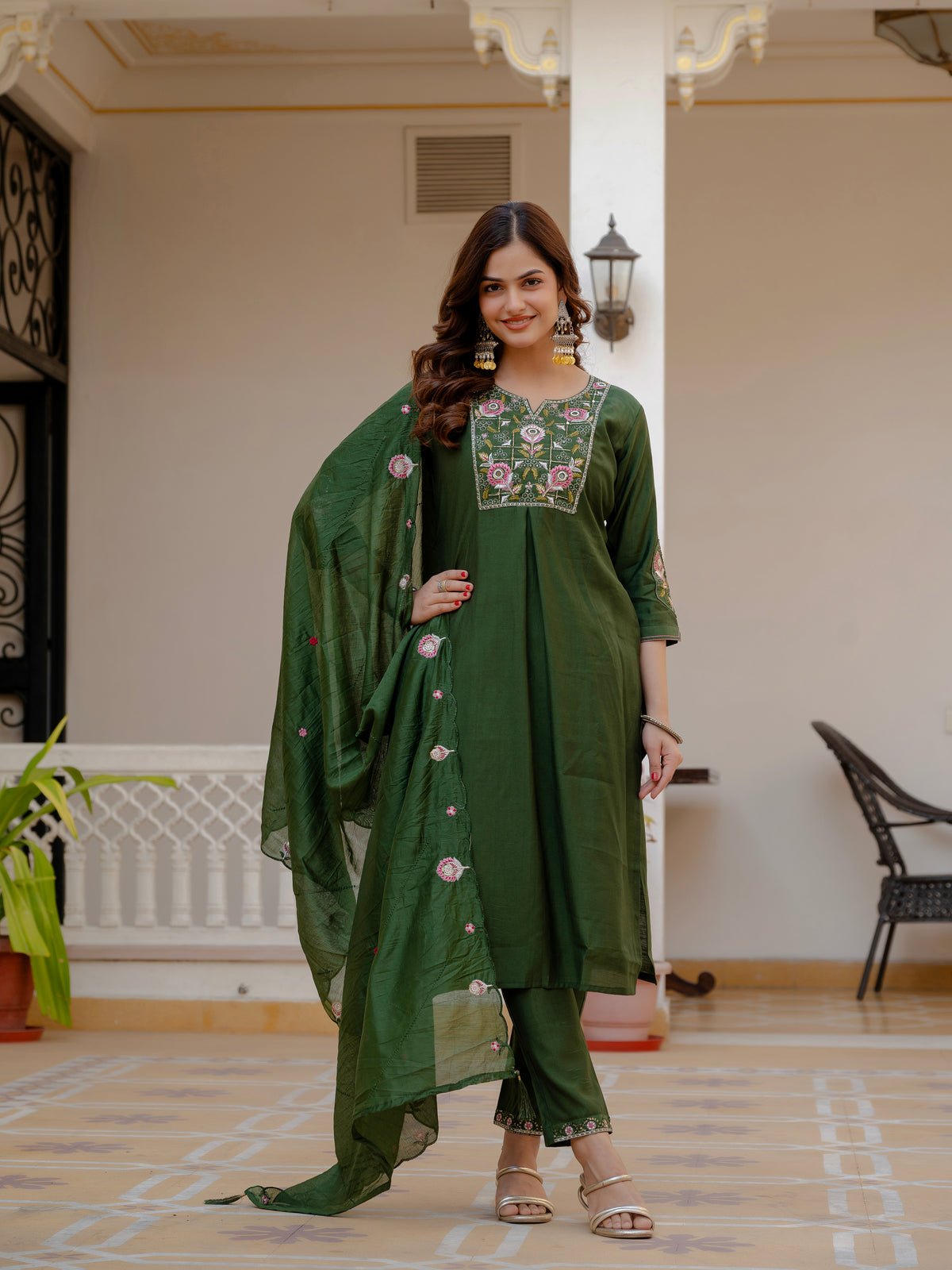 Green Viscose Mango Silk Embroidered Kurti Set