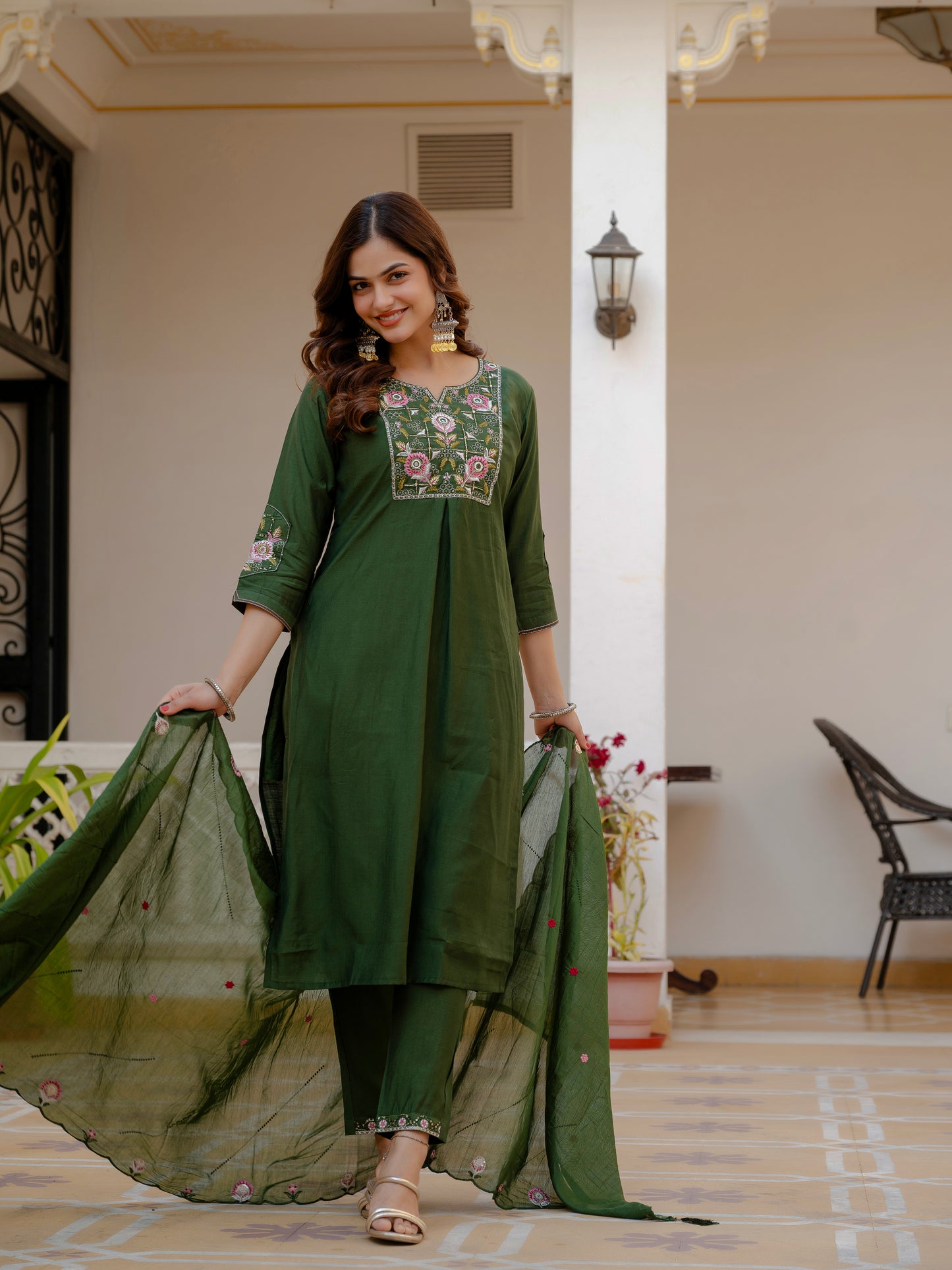 Green Viscose Mango Silk Embroidered Kurti Set