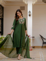 Green Viscose Mango Silk Embroidered Kurti Set