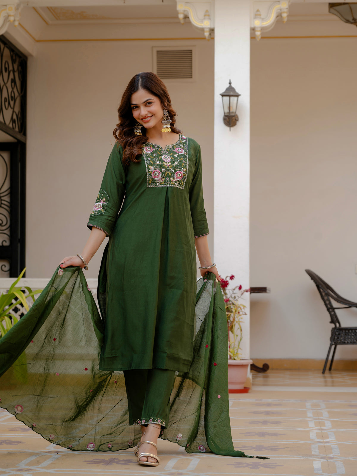 Green Viscose Mango Silk Embroidered Kurti Set