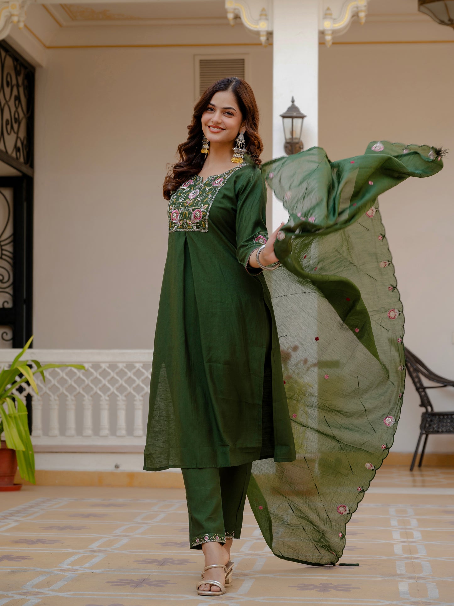Green Viscose Mango Silk Embroidered Kurti Set