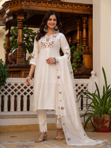 White Viscose Mango Silk Embroidered Kurti Set