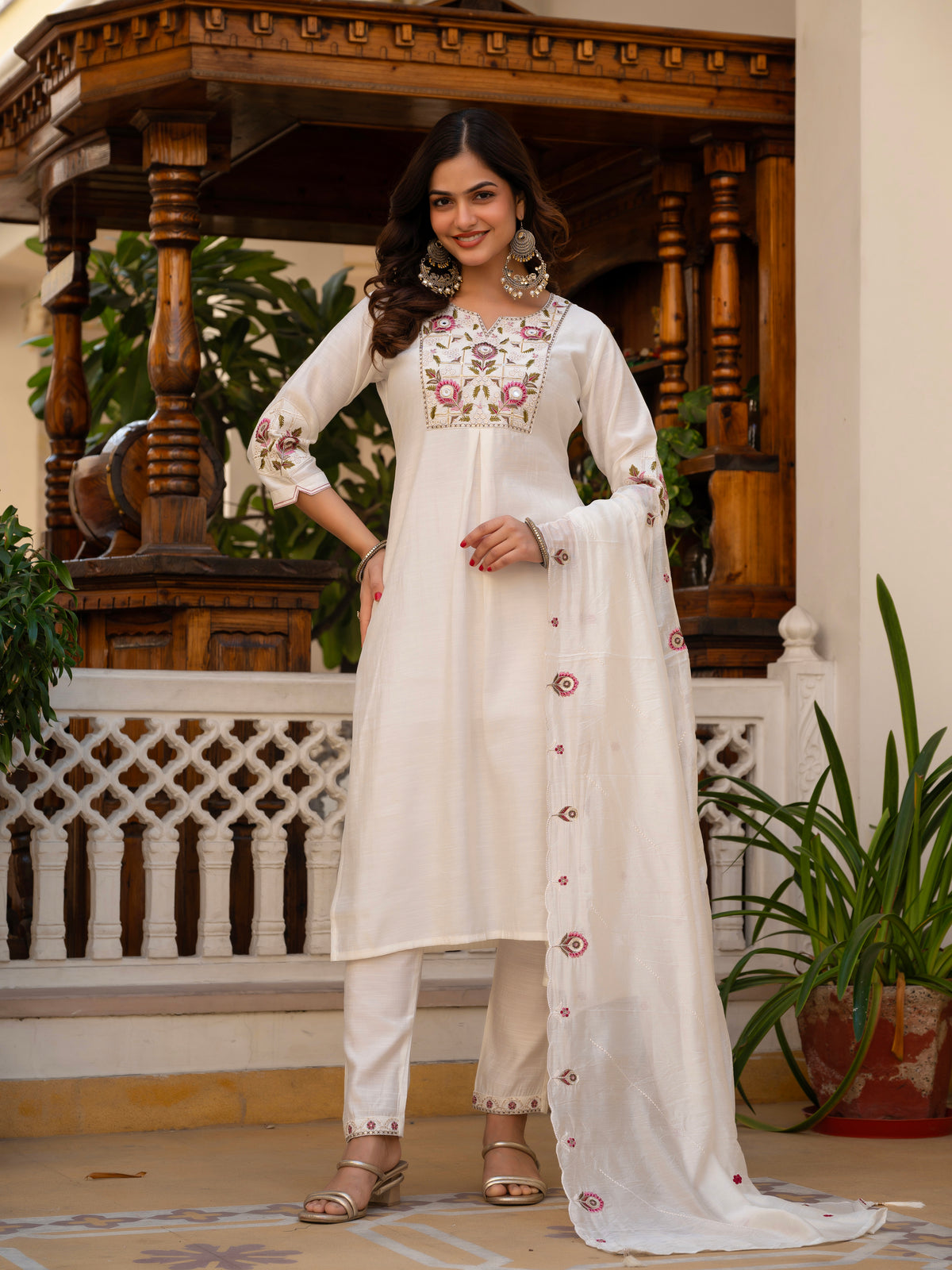 White Viscose Mango Silk Embroidered Kurti Set