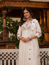 White Viscose Mango Silk Embroidered Kurti Set