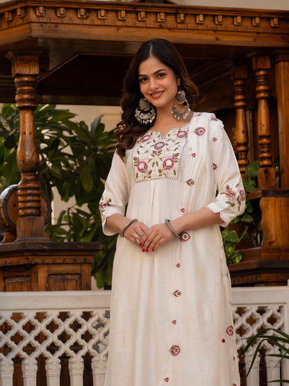 White Viscose Mango Silk Embroidered Kurti Set