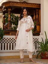 White Viscose Mango Silk Embroidered Kurti Set