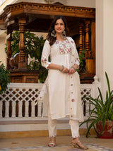 White Viscose Mango Silk Embroidered Kurti Set