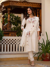 White Viscose Mango Silk Embroidered Kurti Set